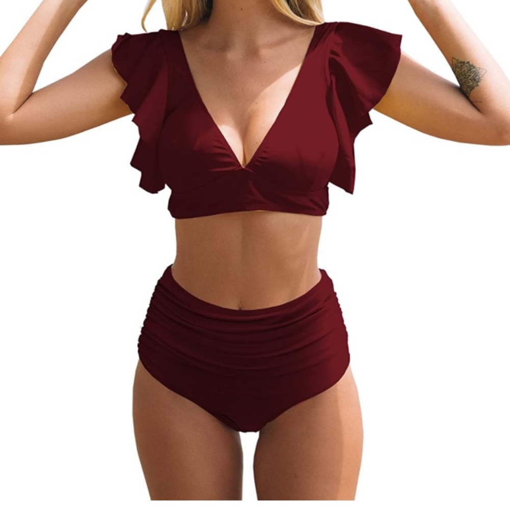 Women High Waisted Swimsuit Bubble Sleeves Bikini Padded Swimwear S